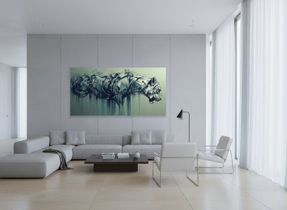Architectural modern lounge with cool neutral tones, tall windows, and an oversized abstract Fine art tiger artwork on the wall.