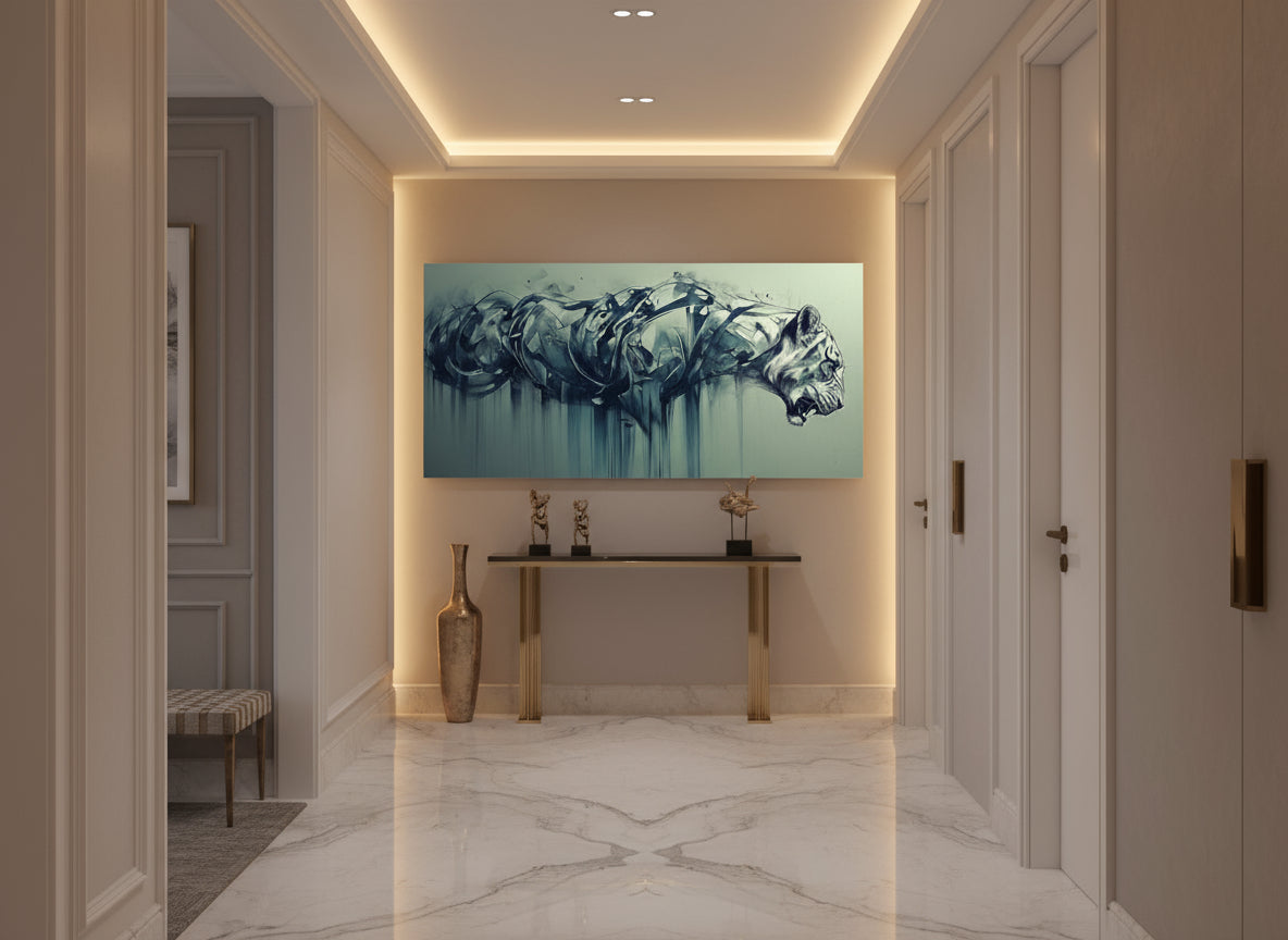 Modern hallway with fine art abstract tiger artwork on the wall, marble floor, and decorative elements