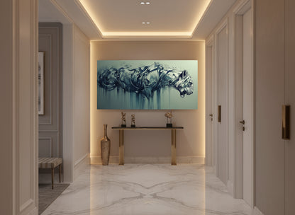 Modern hallway with fine art abstract tiger artwork on the wall, marble floor, and decorative elements