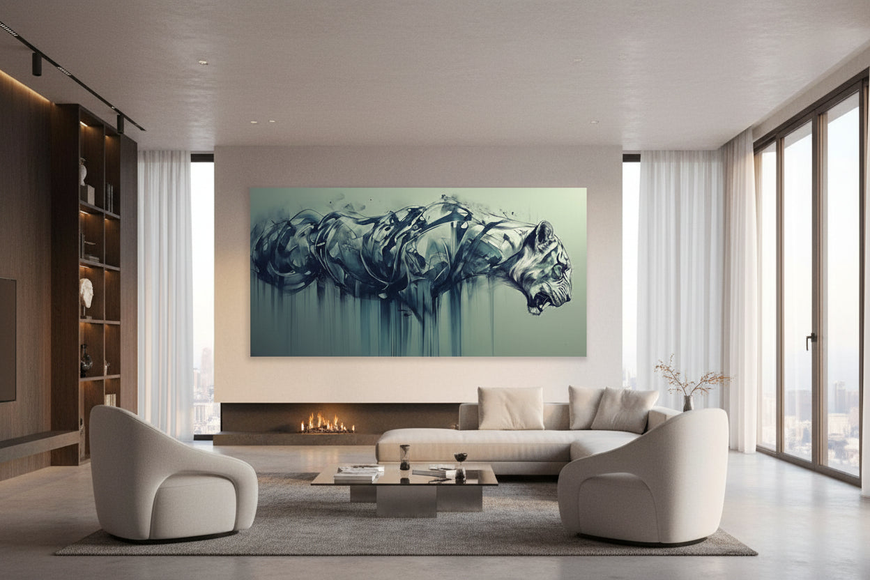 Modern living room with a Dominating statement artwork featured on an open wall,fireplace, floor to ceiling windows