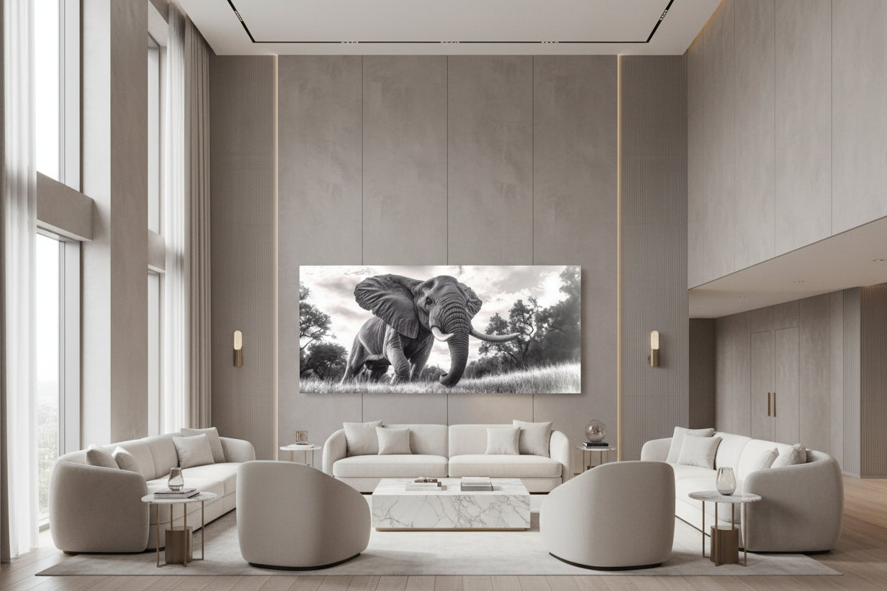 Large statement artwork displayed in a luxury hotel lounge with double-height ceilings and refined designer furnishings