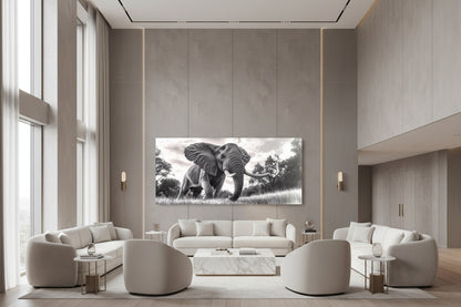 Large statement artwork displayed in a luxury hotel lounge with double-height ceilings and refined designer furnishings