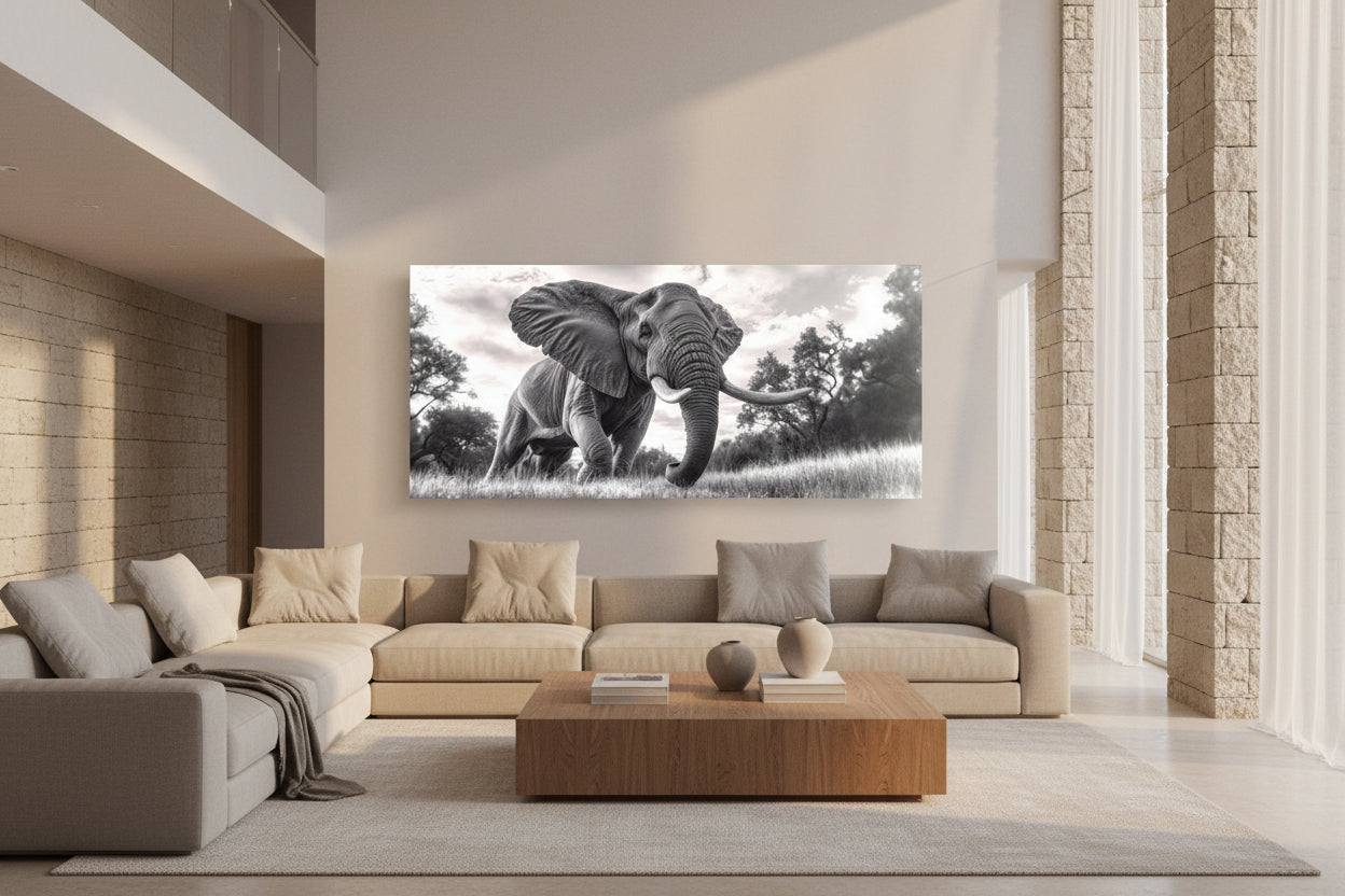 Large-format wall art installed in a modern villa living room with high ceilings, natural materials, and soft daylight
