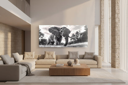 Large-format wall art installed in a modern villa living room with high ceilings, natural materials, and soft daylight