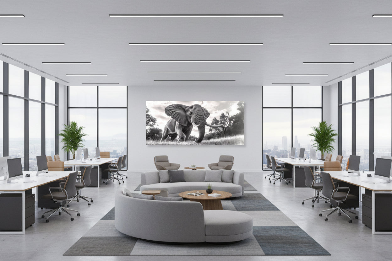 Statement wall art featured in an shared office space with floor-to-ceiling windows and a refined corporate setting