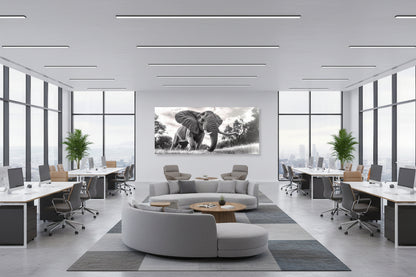 Statement wall art featured in an shared office space with floor-to-ceiling windows and a refined corporate setting