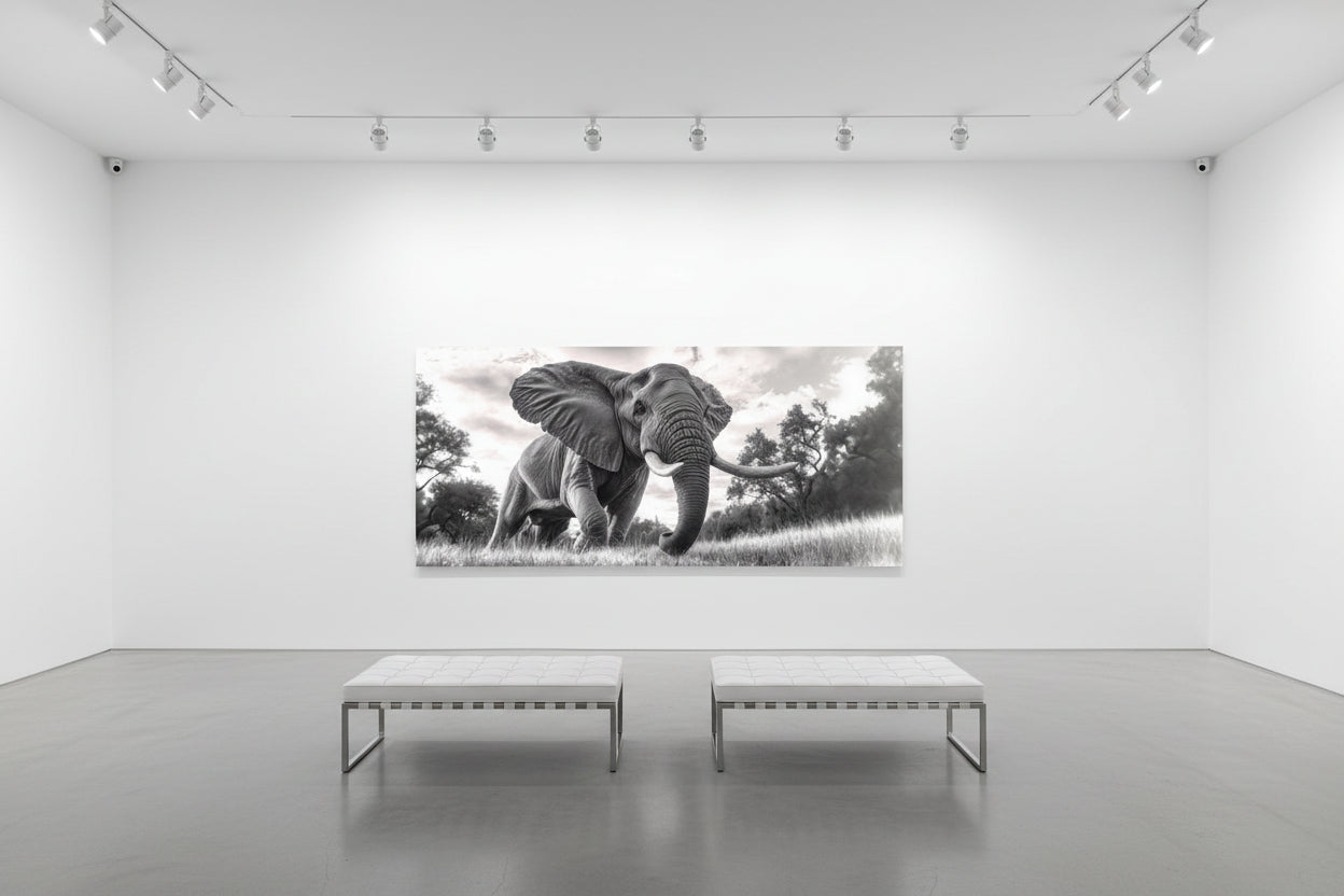 Oversized panoramic wall art presented in a contemporary art gallery with controlled lighting and expansive wall space