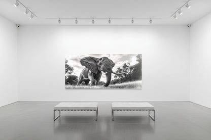 Oversized panoramic wall art presented in a contemporary art gallery with controlled lighting and expansive wall space