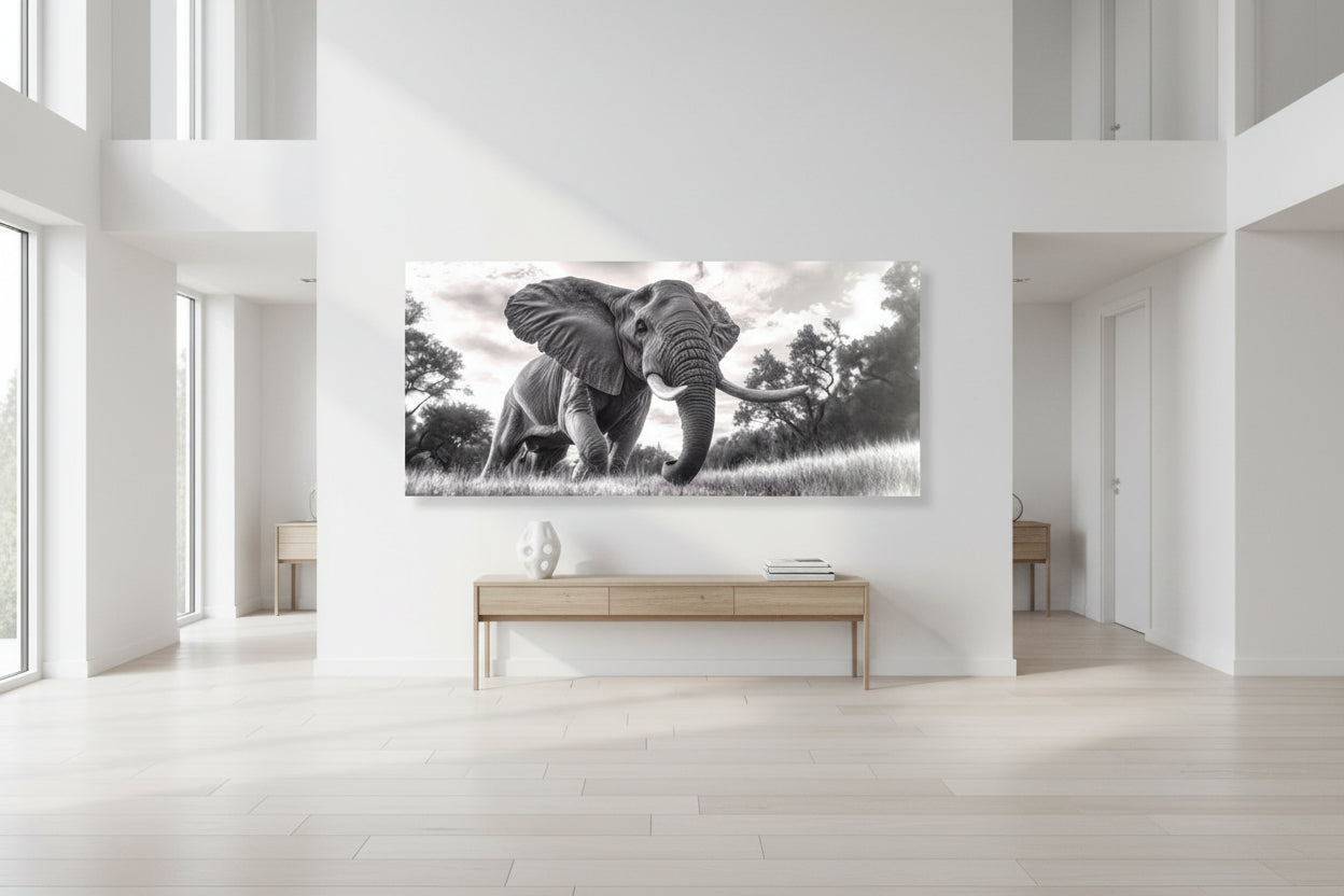 Wide-format wall art showcased in a Scandinavian-style penthouse hallway with natural light and clean architectural lines