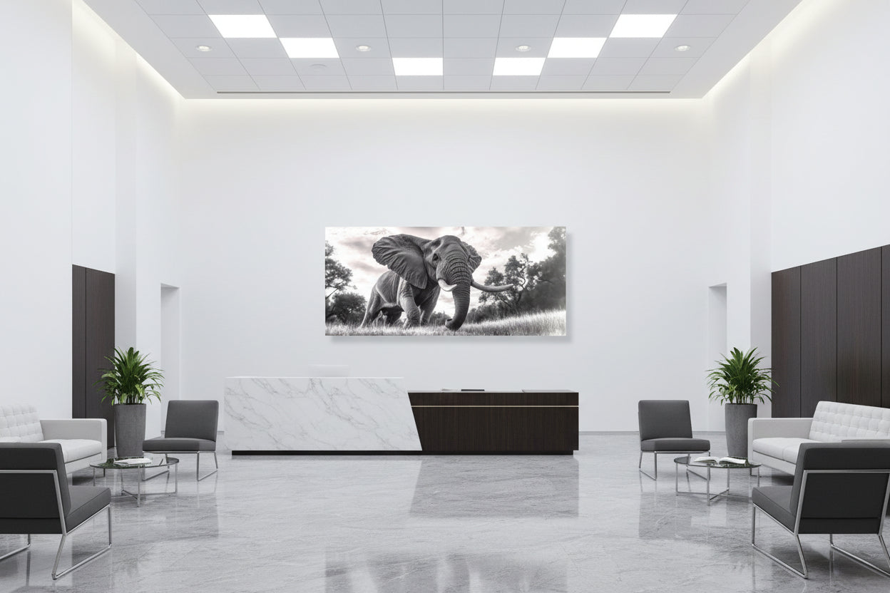 Oversized statement wall art featured in a modern corporate lobby with expansive architecture and minimalist seating