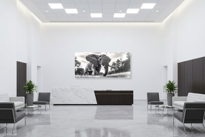 Oversized statement wall art featured in a modern corporate lobby with expansive architecture and minimalist seating