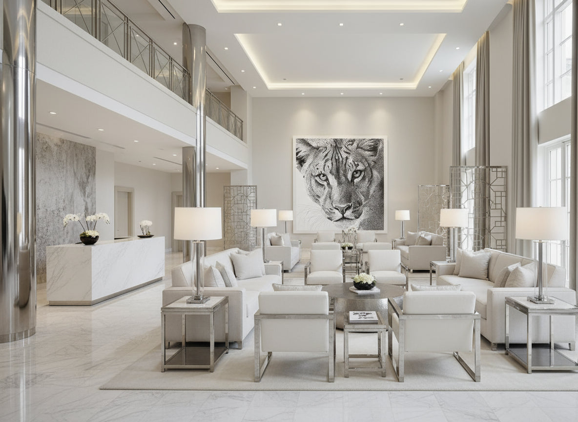 Modern living room with white furniture and a large fine art lion print on the wall.