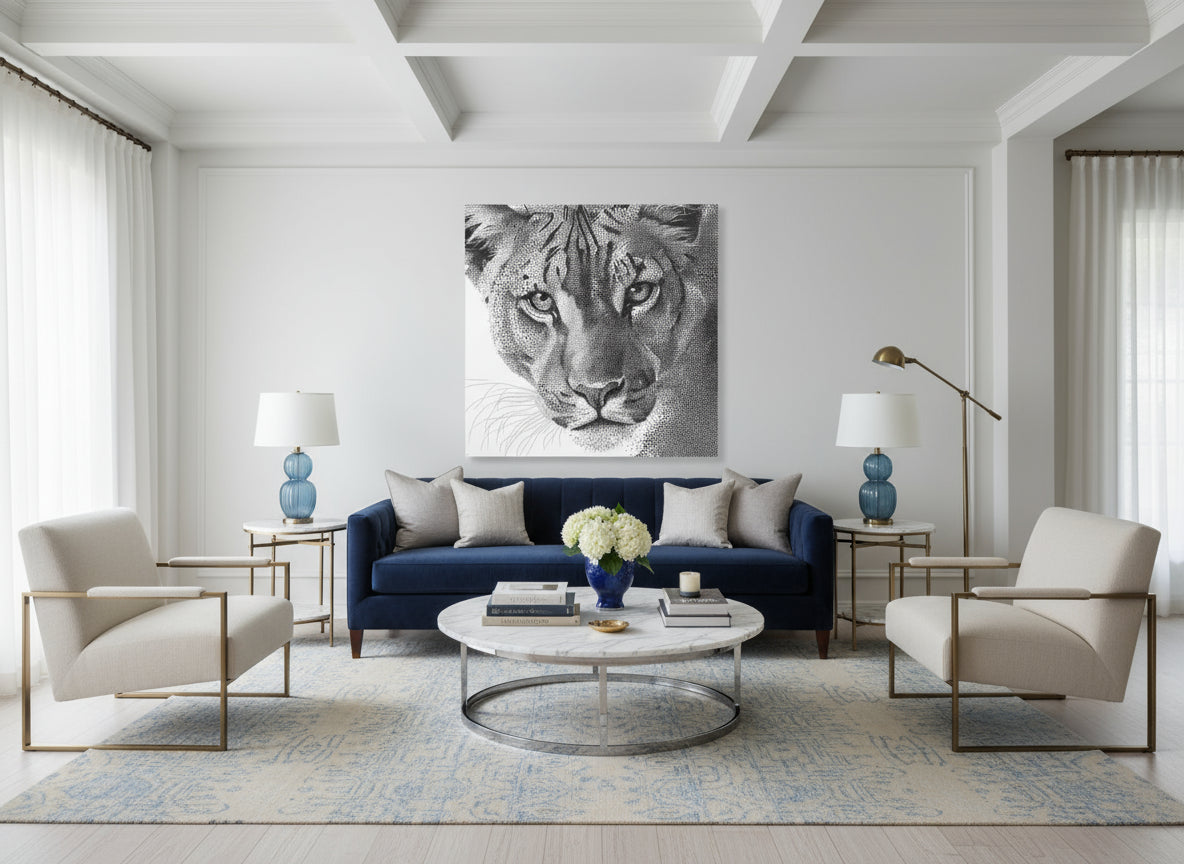 Modern living room with a blue sofa, white chairs, and a large fine art print of a lioness on the wall.