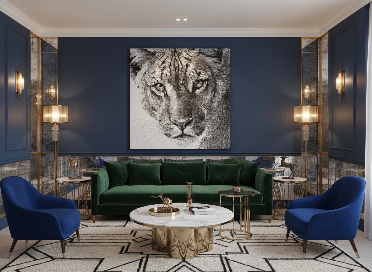 Modern living room with green sofa, blue armchairs, and a fine art lion artwork on the wall.