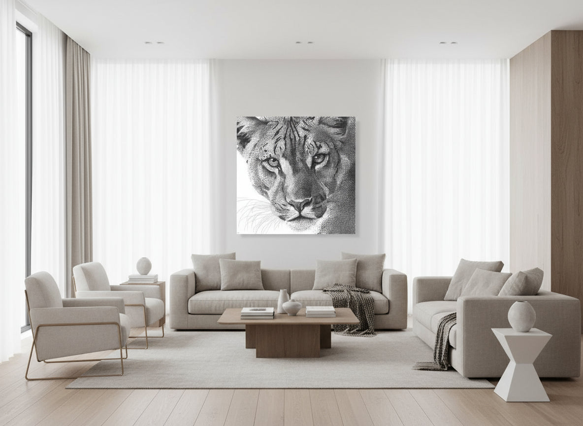 Modern living room with a large tiger fine art print on the wall