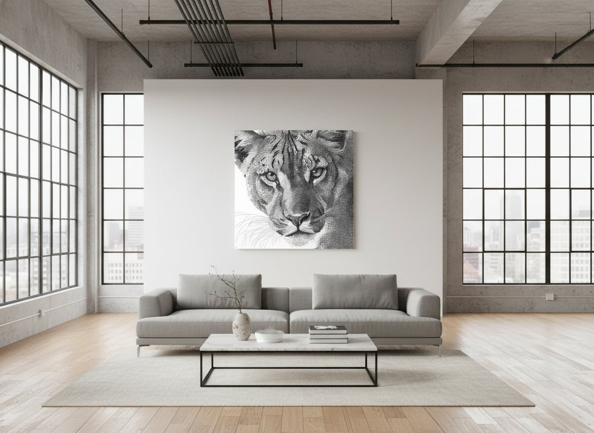 Modern living room with a gray sofa and a large fine art print of a lioness's face on the wall