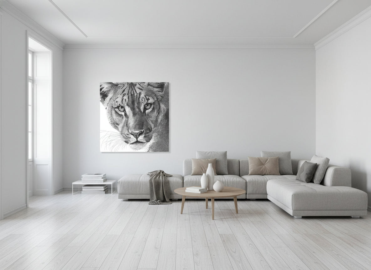 Modern living room with a large sofa and a fine art print of a lioness on the wall.