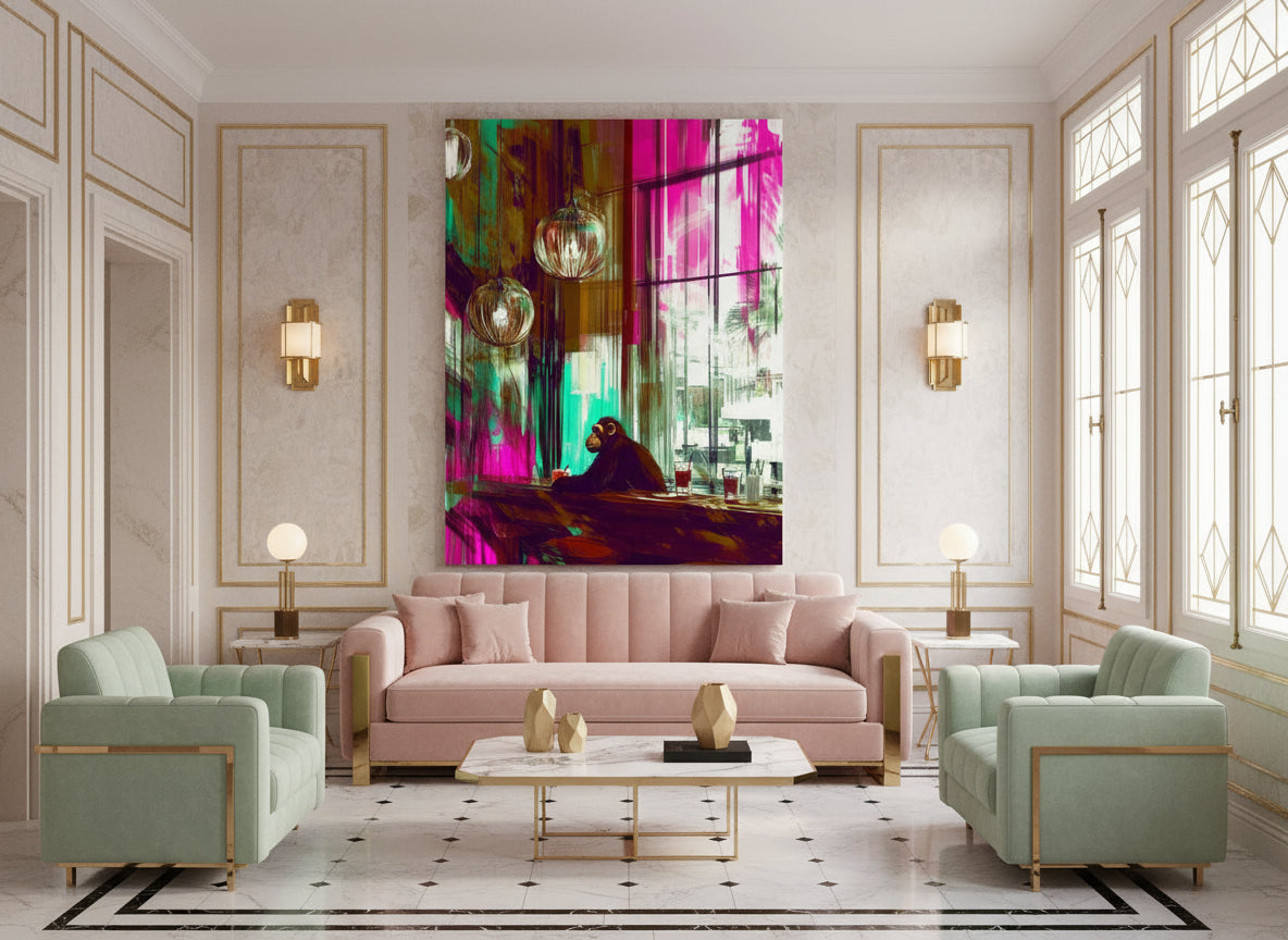 Modern living room with pink sofa, green armchairs, and abstract artwork on the wall.