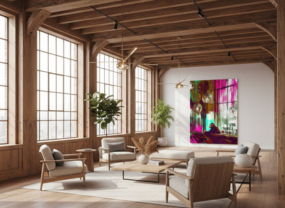 Modern living room with wooden beams, large windows, and colorful artwork.